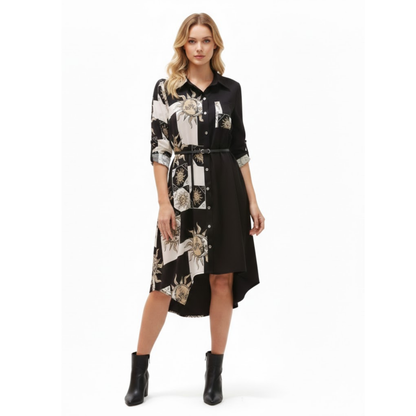 Retro Floral Print Polo Neck Shirt Dress with Button Closure and Adjustable Waist Belt