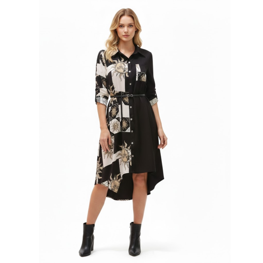 Retro Floral Print Polo Neck Shirt Dress with Button Closure and Adjustable Waist Belt