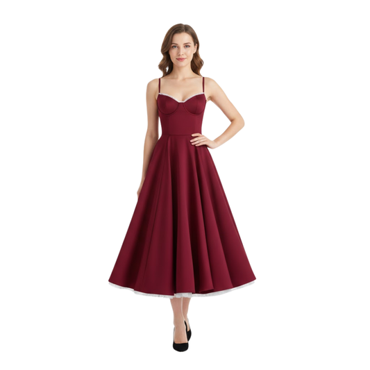 Embroidered V-Neck Sleeveless Corset Midi Dress - A-Line Flare Evening Party Gown