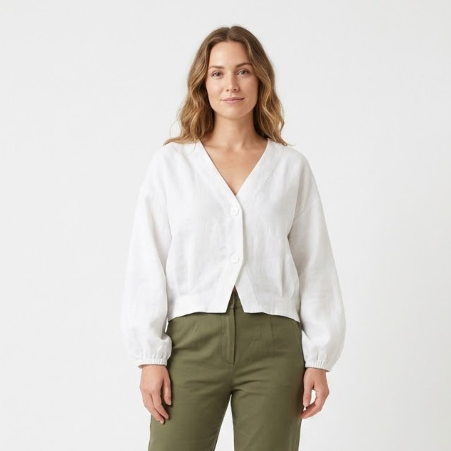 Lightweight Women's V-Neck Cotton Blouse with Batwing Sleeves - Casual Button Down Top