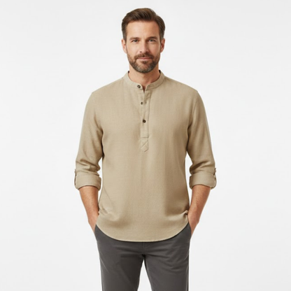 Men's Long Sleeve Cotton Linen Henley Shirt - Breathable Casual Beach Button Top