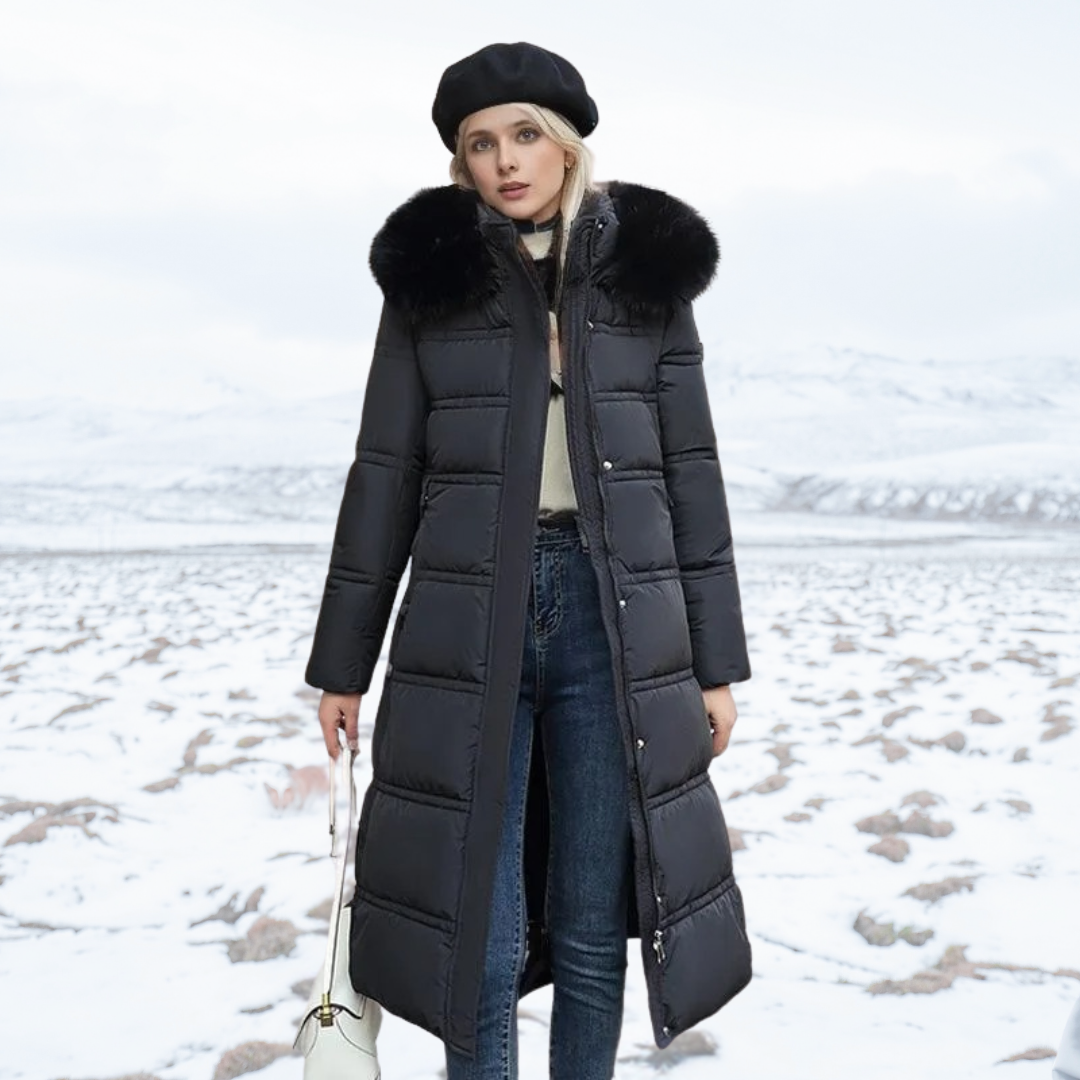 Women's Winter Padded Parka with Adjustable Drawstring Waist and Removable Fluffy Hood