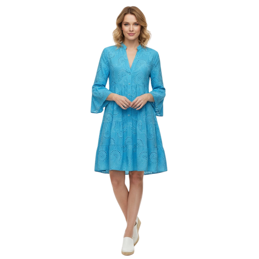 V-Neck Eyelet Cotton Mini Dress with Flare Sleeves, Hollow Out Design, Button Front, and Tiered Skirt