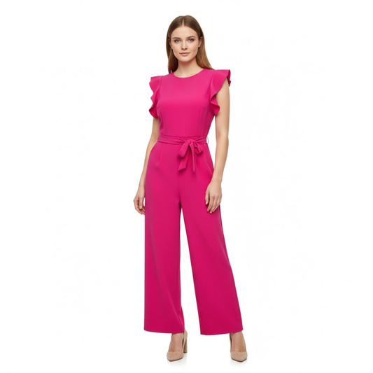Women's High Waist Ankle-Length Jumpsuit with Flutter Sleeves and Sash - Wide Leg Romper