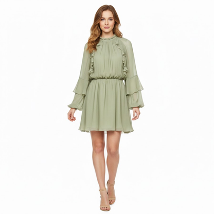 Chiffon Mini Dress with Pleated Ruffle Sleeves, O-Neck Empire Waist, A-Line Design for Parties