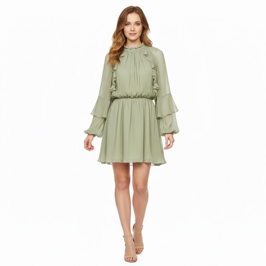 Chiffon Mini Dress with Pleated Ruffle Sleeves, O-Neck Empire Waist, A-Line Design for Parties