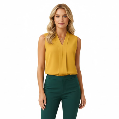 Elegant Women's Sleeveless Chiffon V-Neck Blouse with Loose Fit and Draped Front Design