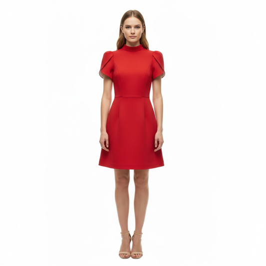 A-Line Mini Dress with Short Puff Sleeves and Bow Detail Empire Waist Short Gown