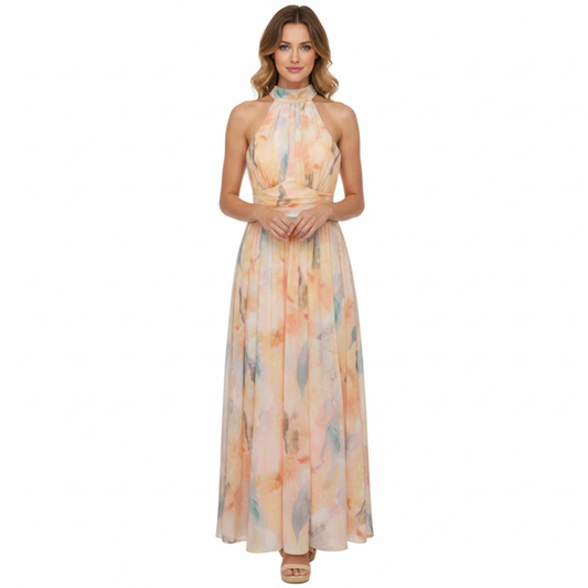 Halter Neck Floral Print Maxi Dress Sleeveless Backless A-Line Holiday Party Gown