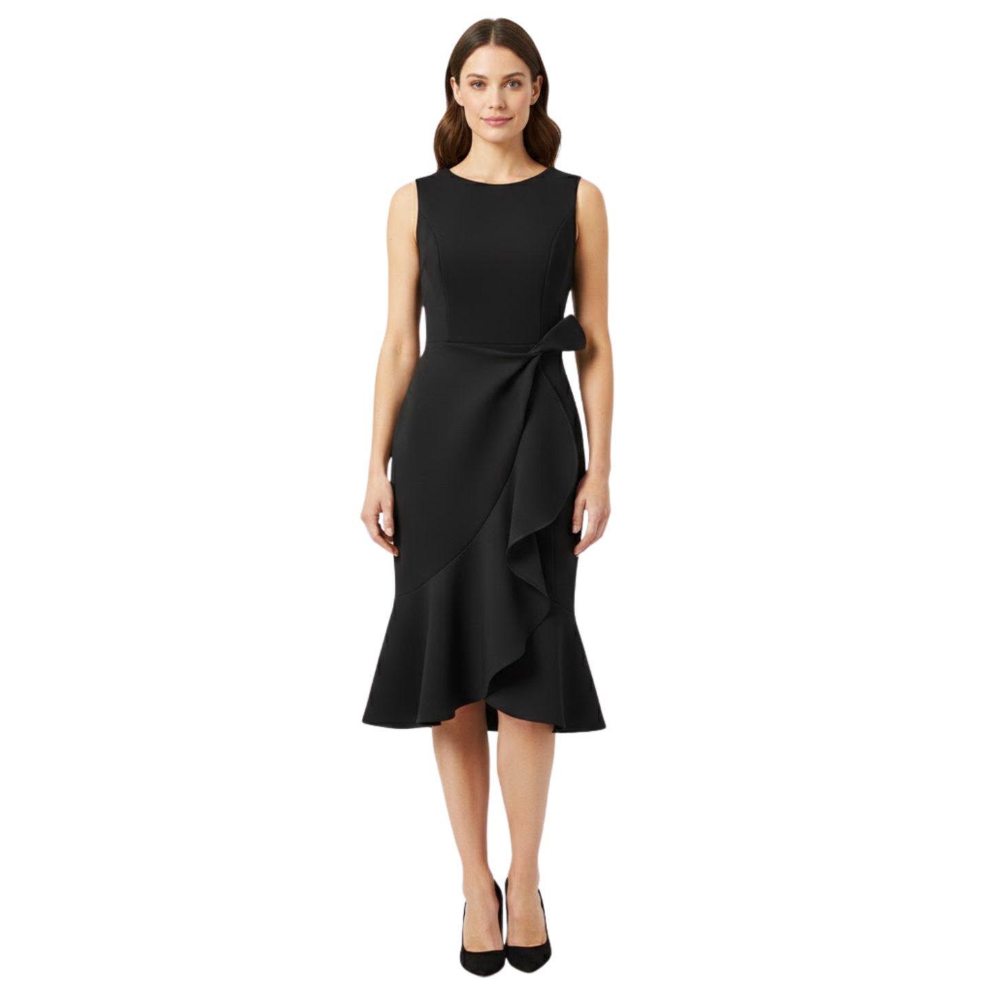 Women's Sleeveless Cotton Blend Midi Dress with Asymmetrical Ruffle and Mermaid Fit