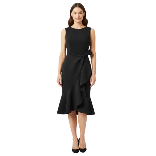 Women's Sleeveless Cotton Blend Midi Dress with Asymmetrical Ruffle and Mermaid Fit