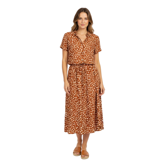 Polka Dot Short Sleeve Shirt Dress with Turn Down Collar and Coordinating Waistband