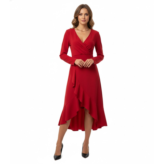 Elegant Women's V-Neck Midi Sheath Dress with Pleated Hem and Front Slit for Special Occasions