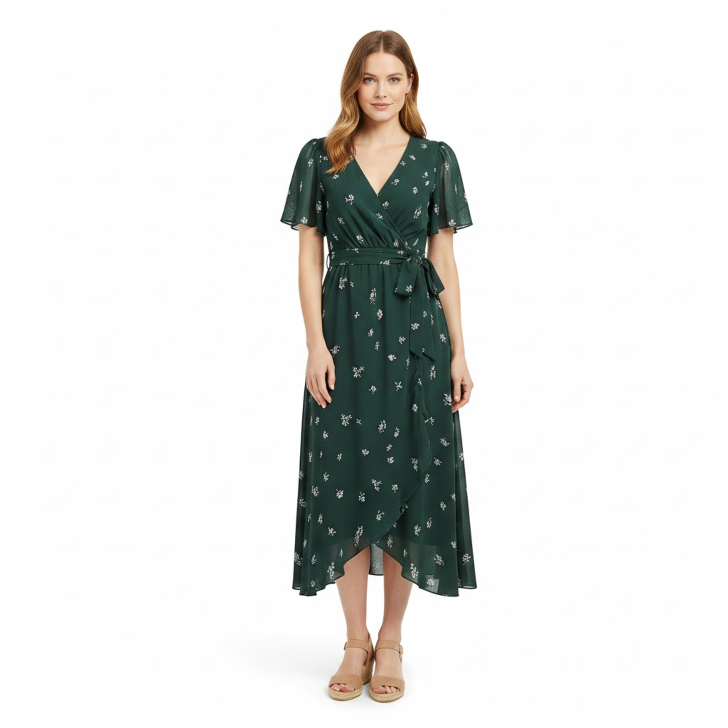 Women's Floral V-Neck Midi Dress with Short Flutter Sleeves and Empire Waist