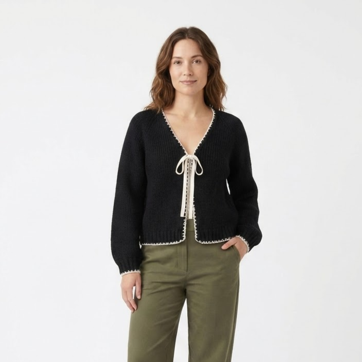 Women's Long Sleeve Knit Cardigan with Tie Front and V-Neck - Loose Fit Bow Sweater Outerwear