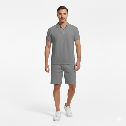 Men's Casual Two-Piece Linen Outfit - Short Sleeve Polo Shirt with Drawstring Shorts