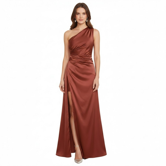 Chic One Shoulder Satin Maxi Dress with Asymmetrical Pleats and High Split Hem for Formal Evening Occasions