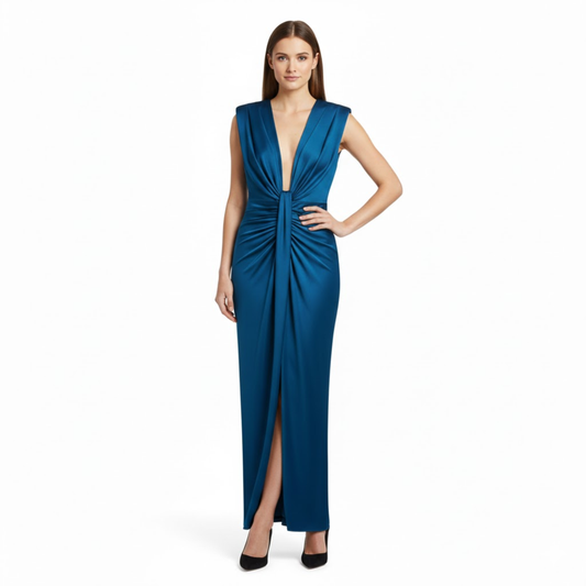 Elegant V-Neck Sleeveless Maxi Dress with Pleats, High Slit, and Ruched Bodice for Formal Occasions