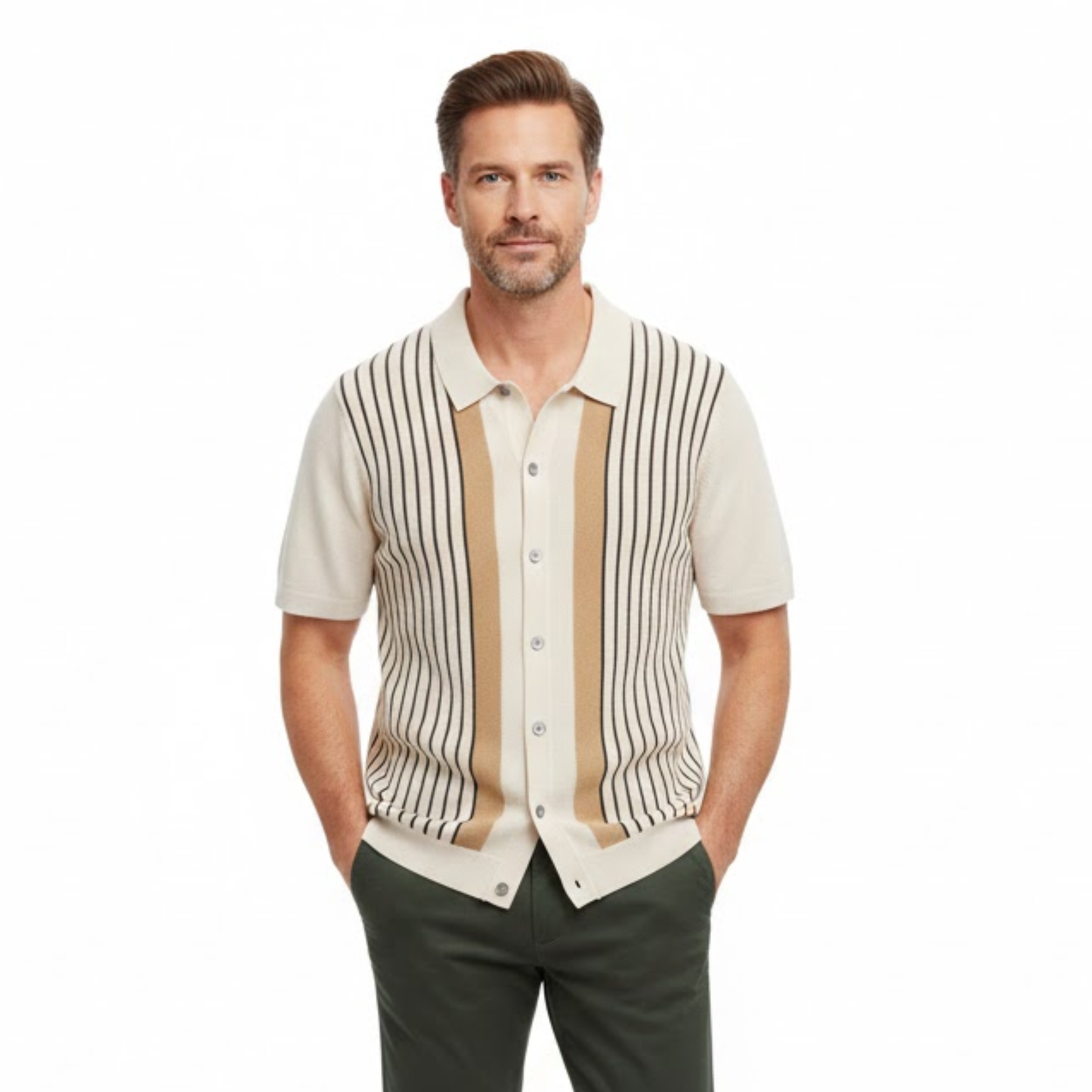 Men's Short Sleeve Striped Knit Polo Shirt - Breathable Retro Casual Top