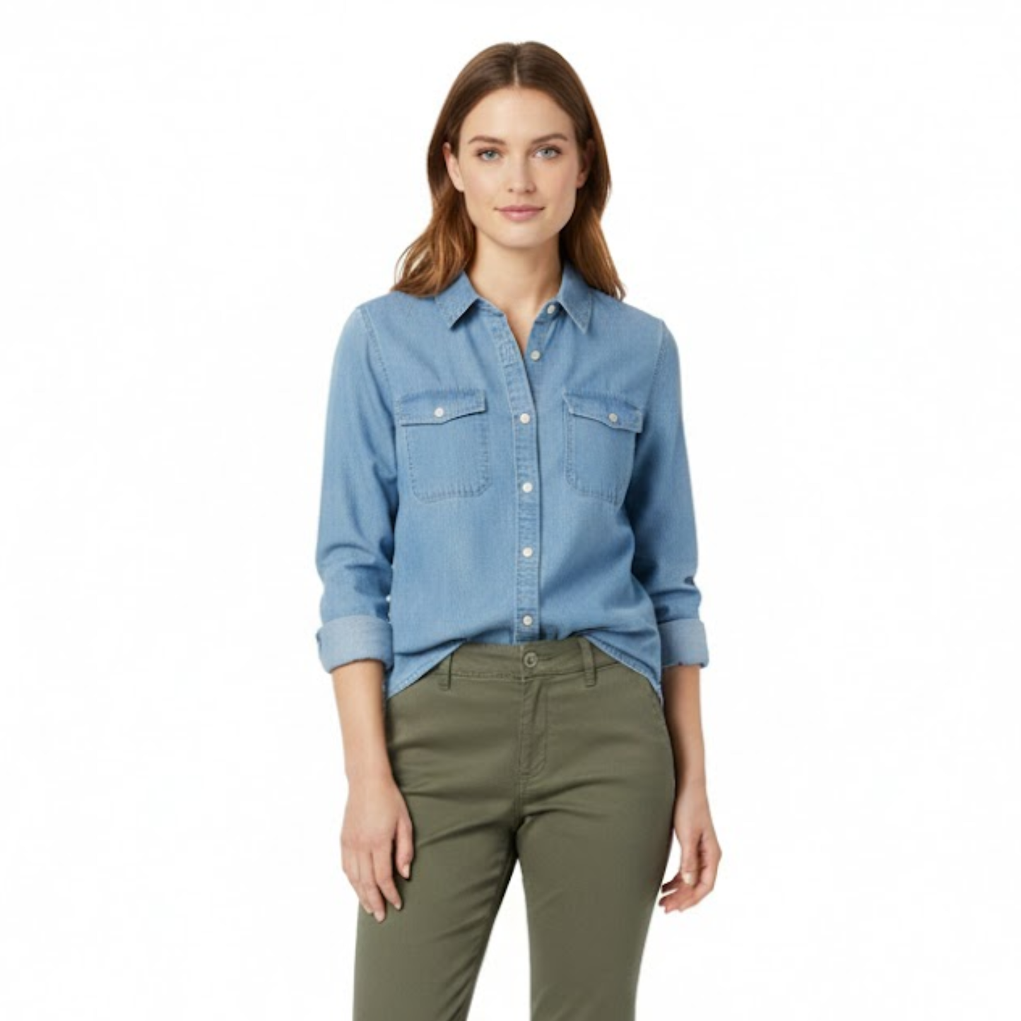 Casual Women's Long Sleeve Denim Shirt with Turn Down Collar - Cotton Blouse