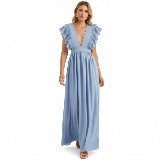 Elegant V-Neck Ankle-Length Maxi Dress with Pleated A-Line Skirt and Flowing Sleeves for Parties