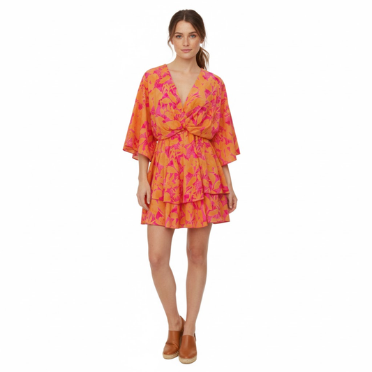 Boho V-Neck Floral Mini Dress with Batwing Sleeves and Ruffle Hem - Casual A-Line Gown