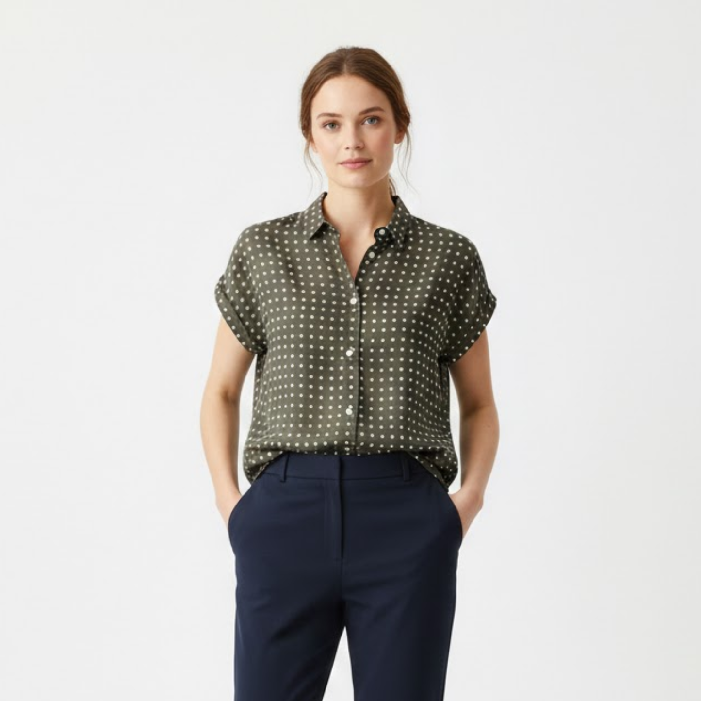 Women's Short Sleeve Polka Dot Blouse - Loose Fit Cotton Linen Shirt with Pleated Collar