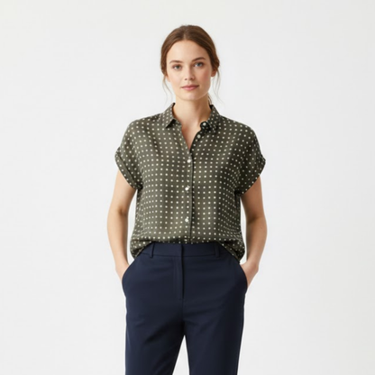 Women's Short Sleeve Polka Dot Blouse - Loose Fit Cotton Linen Shirt with Pleated Collar