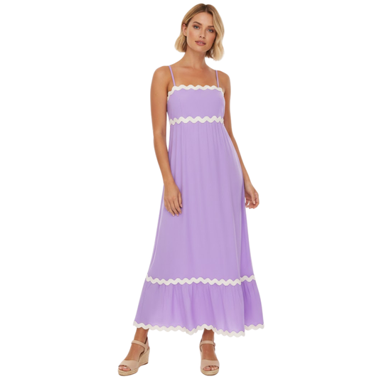 Women's Sleeveless Spaghetti Strap Maxi Dress with Contrast Trim and Ruffle Detail - Long Sundress for Summer