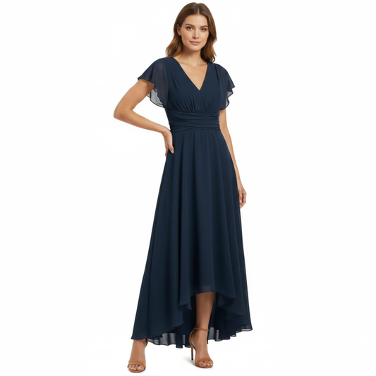 Elegant V-Neck Chiffon Midi Dress with Batwing Sleeves and Irregular Hem for Evening Parties