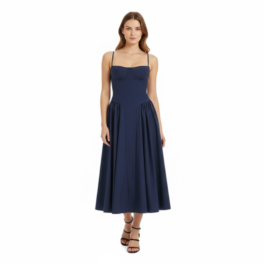 Elegant Spaghetti Strap Midi Dress with Corset Top and A-Line Skirt for Women