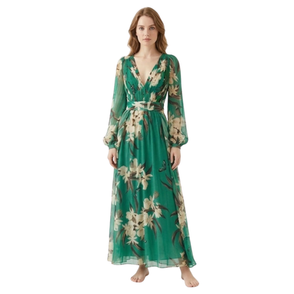 Floral Maxi Dress for Women - Long Sleeve V-Neck High Waist Evening Gown
