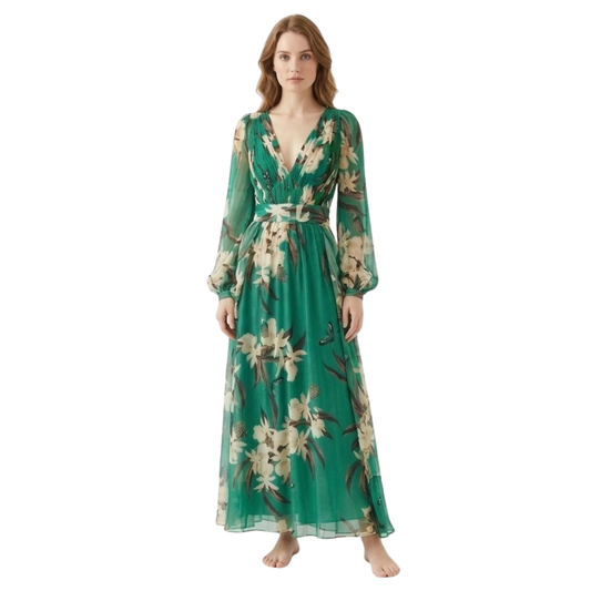 Floral Maxi Dress for Women - Long Sleeve V-Neck High Waist Evening Gown