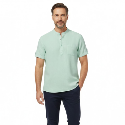 Men's Short Sleeve Cotton Linen Henley Shirt - Breathable Casual Beach Top with Pocket