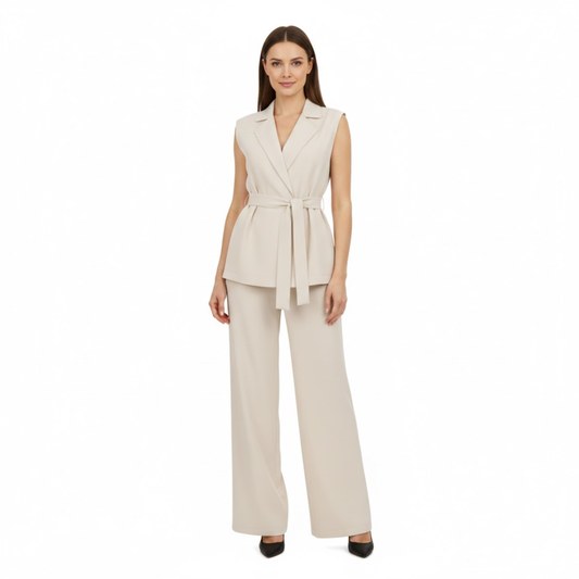 Women's Sleeveless Vest and Wide Leg Pants Outfit with Turn Down Collar and Adjustable Tie Waist Belt