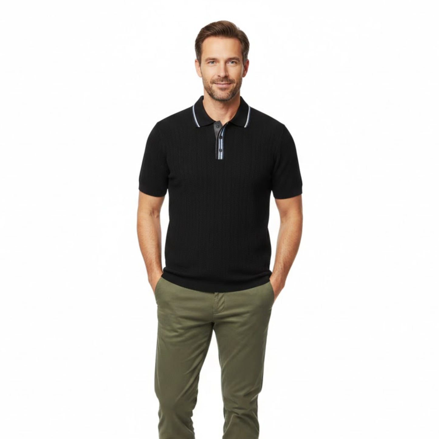 Men's Casual Short Sleeve Knit Polo Shirt - Retro Textured Viscose Button-Down Tee