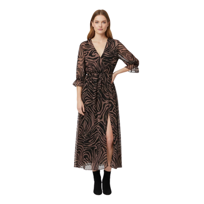 V-Neck Floral Midi Dress with Short Sleeves and Front Split - A-Line Wrap Tie Waist Party Dress