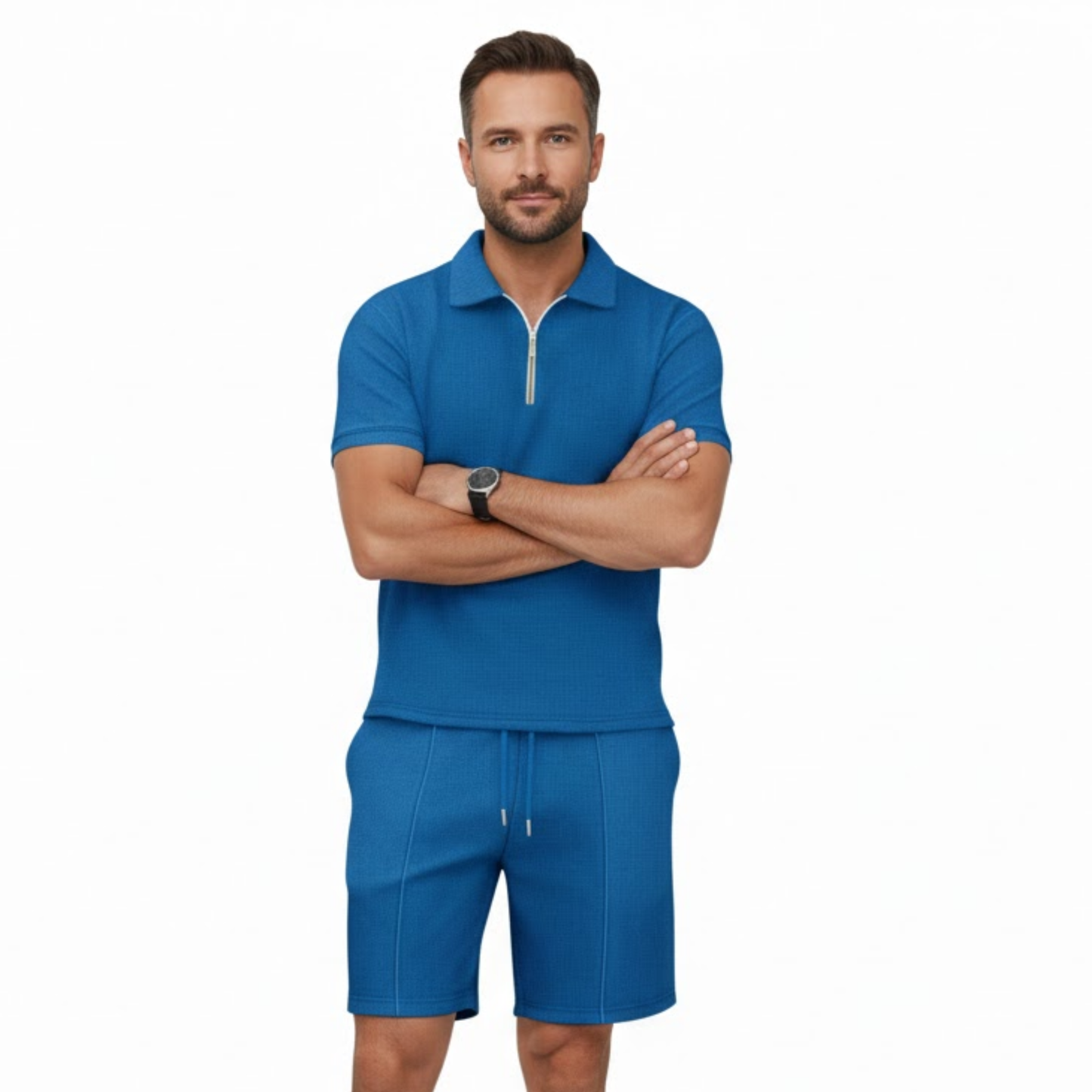 Men's Casual Two-Piece Tracksuit Set - Quarter Zip Polo Shirt and Drawstring Shorts