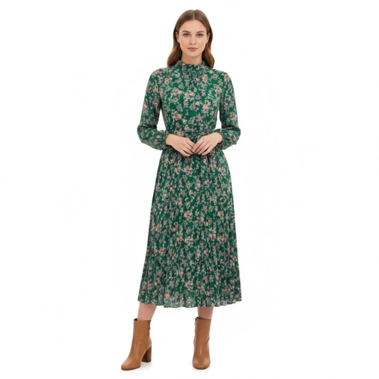 Floral Pleated A-Line Midi Dress with Long Sleeves, Stand Collar, and Waist Sash