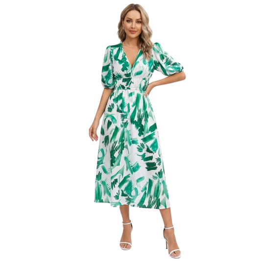 Floral Midi Dress for Women - V-Neck, Short Sleeve, Elastic High Waist, Cotton Blend Chiffon