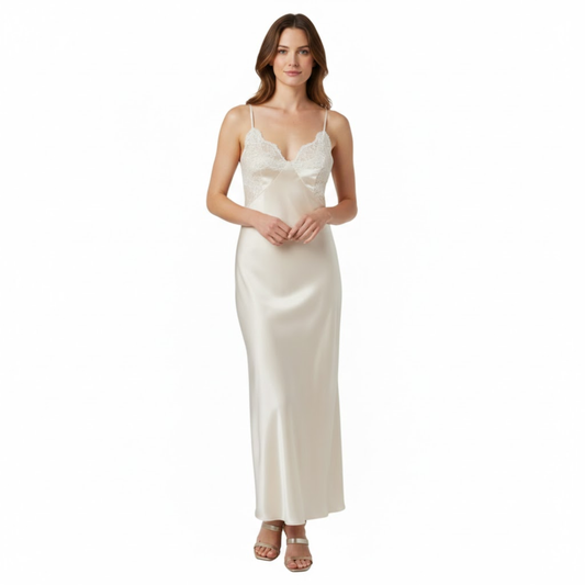 Elegant Satin V-Neck Maxi Slip Dress with Lace Patchwork and Sleeveless Backless Style