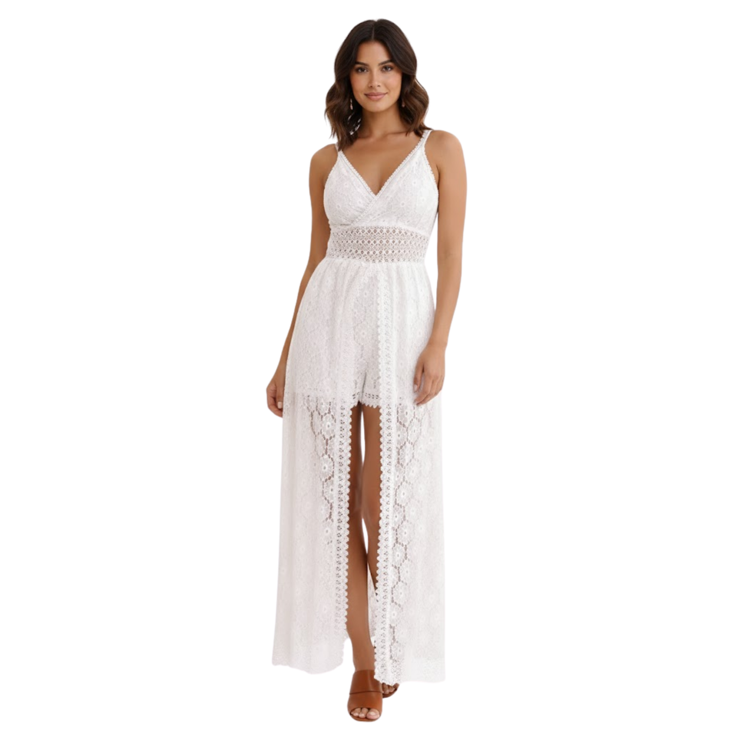 Women's Floral Lace V-Neck Maxi Dress with Empire Waist and Front Split