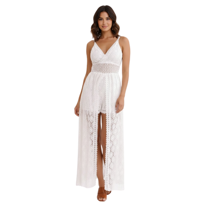 Women's Floral Lace V-Neck Maxi Dress with Empire Waist and Front Split