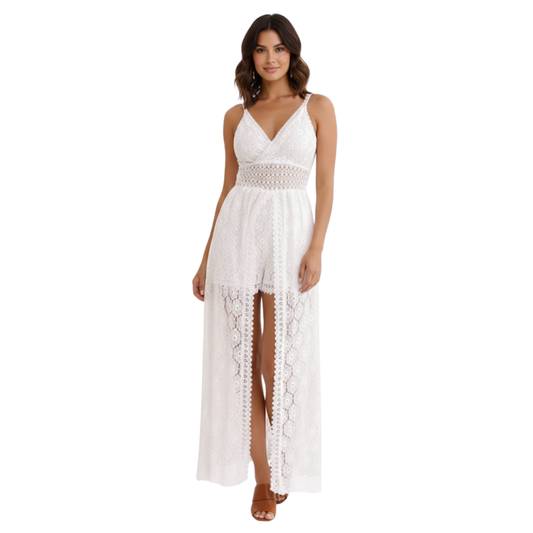 Women's Floral Lace V-Neck Maxi Dress with Empire Waist and Front Split