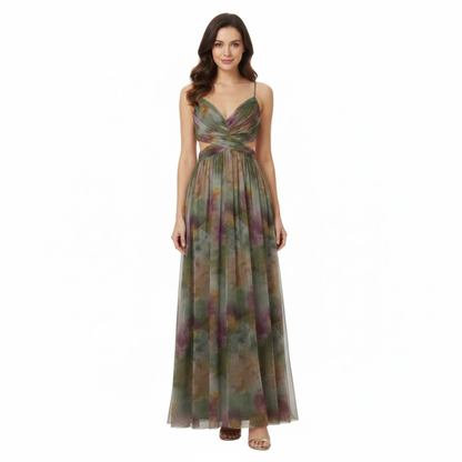 Floral Print V-Neck Cut Out Maxi Dress - Sleeveless Backless Party Gown with Lace-Up Detail