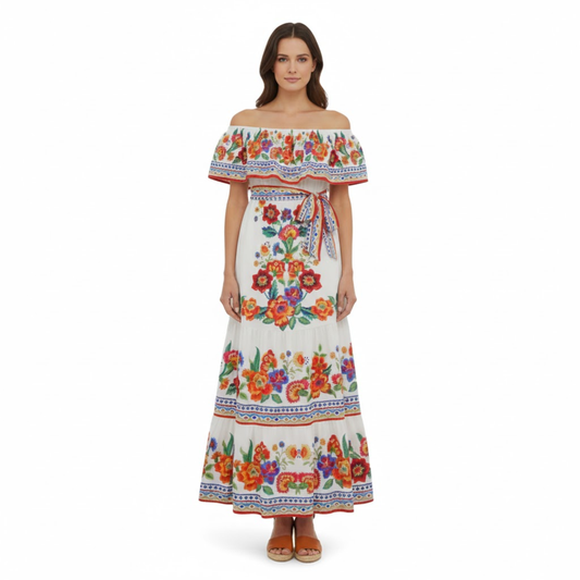 Floral Off-Shoulder Maxi Dress - Ankle-Length A-Line Asymmetrical Gown with Slash Neck