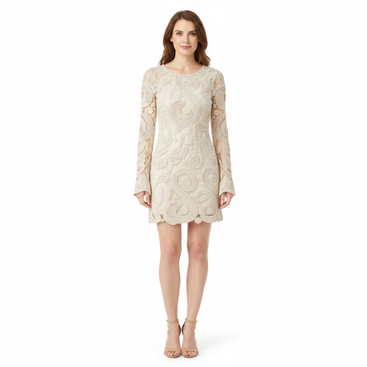 Elegant Hollow Out Lace Mini Dress with Long Flare Sleeves for Evening Parties