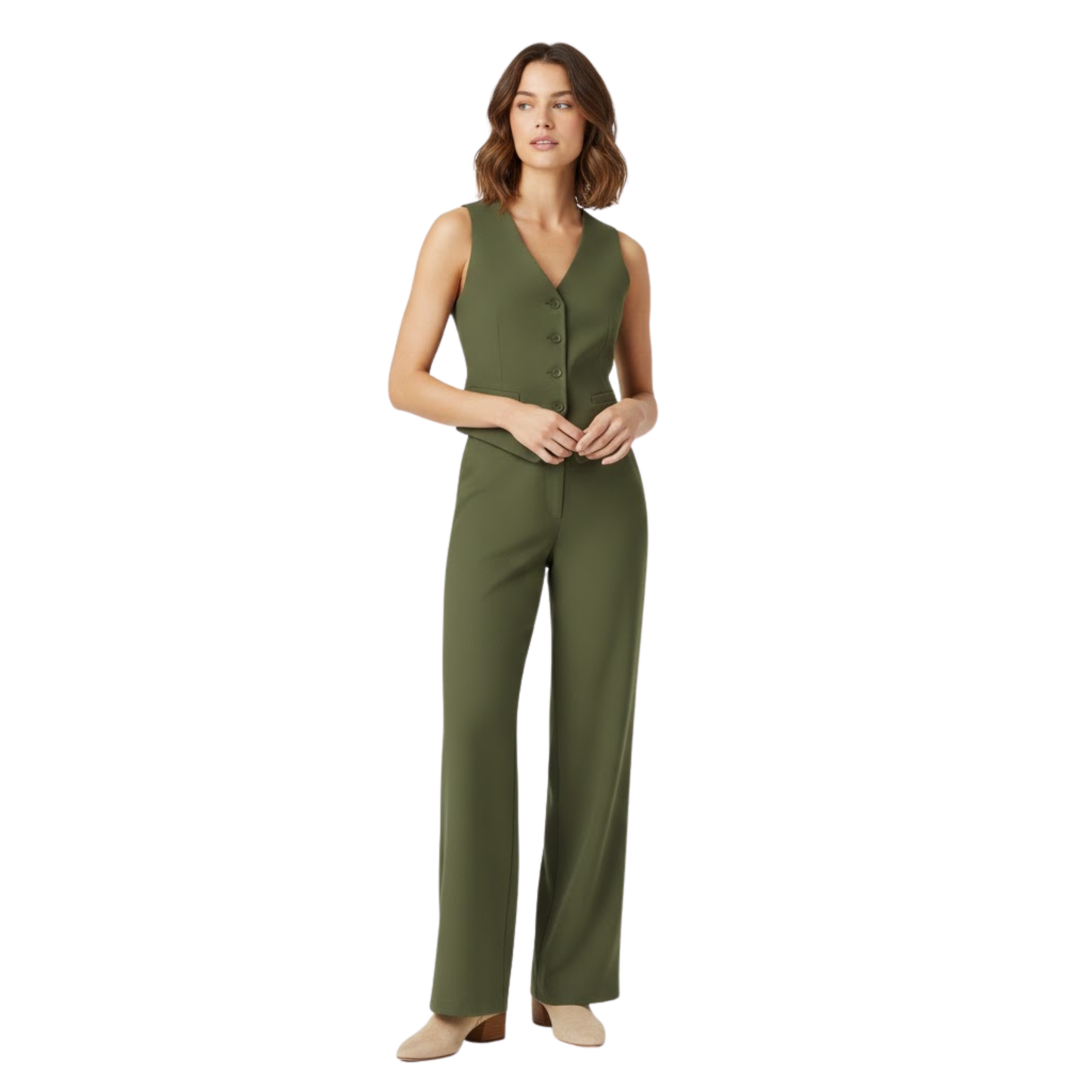 Women's V-Neck Sleeveless Waistcoat and High Waist Wide Leg Trousers Set