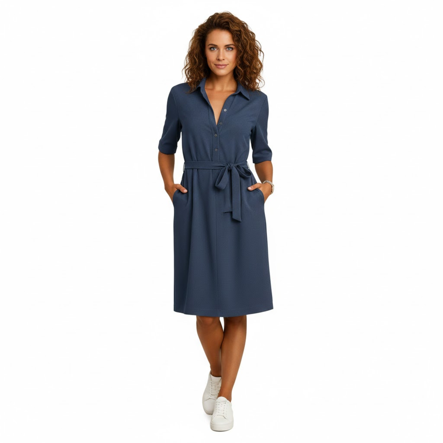 Women's Casual Half Sleeve Shirt Dress with Turn-Down Collar and Adjustable Waist Tie