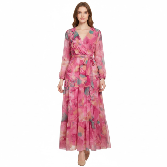 Bohemian Floral V-Neck Maxi Dress with Long Sleeves, Tiered A-Line Design, High Waist and Belted Style